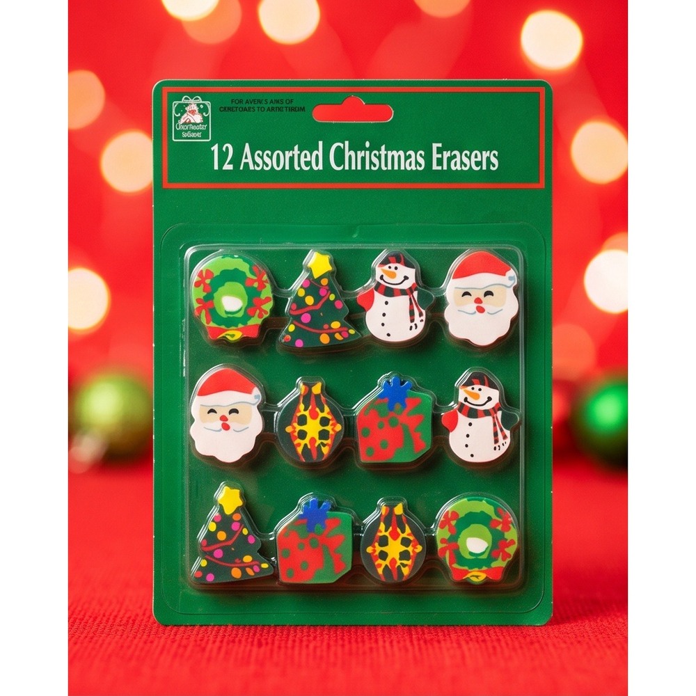 Vintage Christmas House 12 Assorted Christmas Erasers Holiday Stationery New
